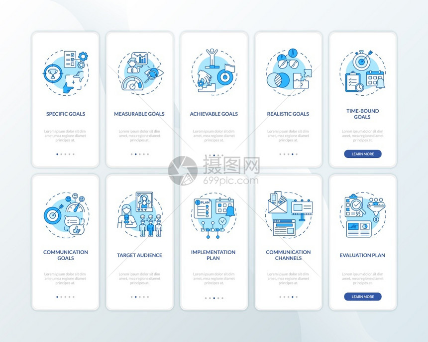 使用设置概念的移动应用程序页面屏幕上的通信策略工作建议通过10步图形指示配有RGB颜色插图的UI矢量模板装有概念的移动应用程序页图片