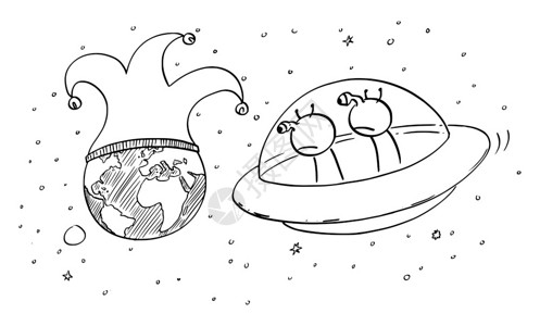 手绘坐UFO漫游太空的外星人卡通矢量插画图片