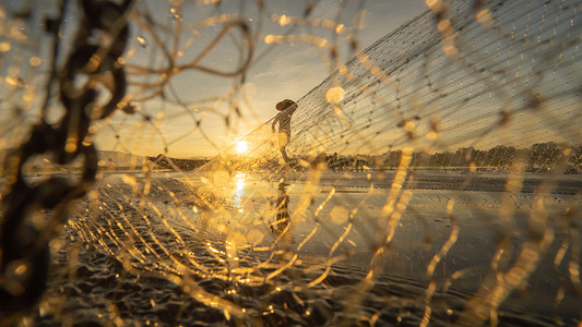 在自然湖或河流捕捉淡水鱼早上在泰国亚洲反射背景图片
