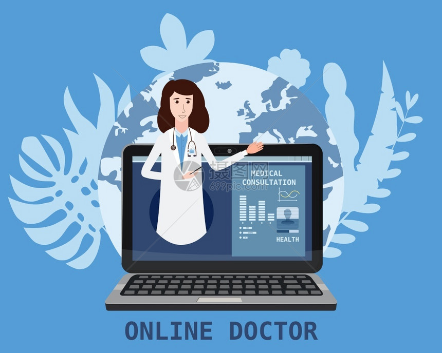 在线医生妇女保健概念图标膝上型计算机医生录像呼叫在线医疗服务咨询花卉背景网站模板信息图横幅的矢量插图图片