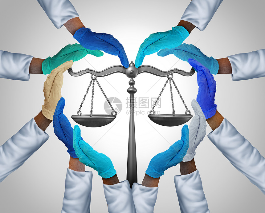 医疗法和律学或渎职作为一个医院工人员或生和护士手群体以司法规模作为卫生立法的象征带有3D说明要素图片