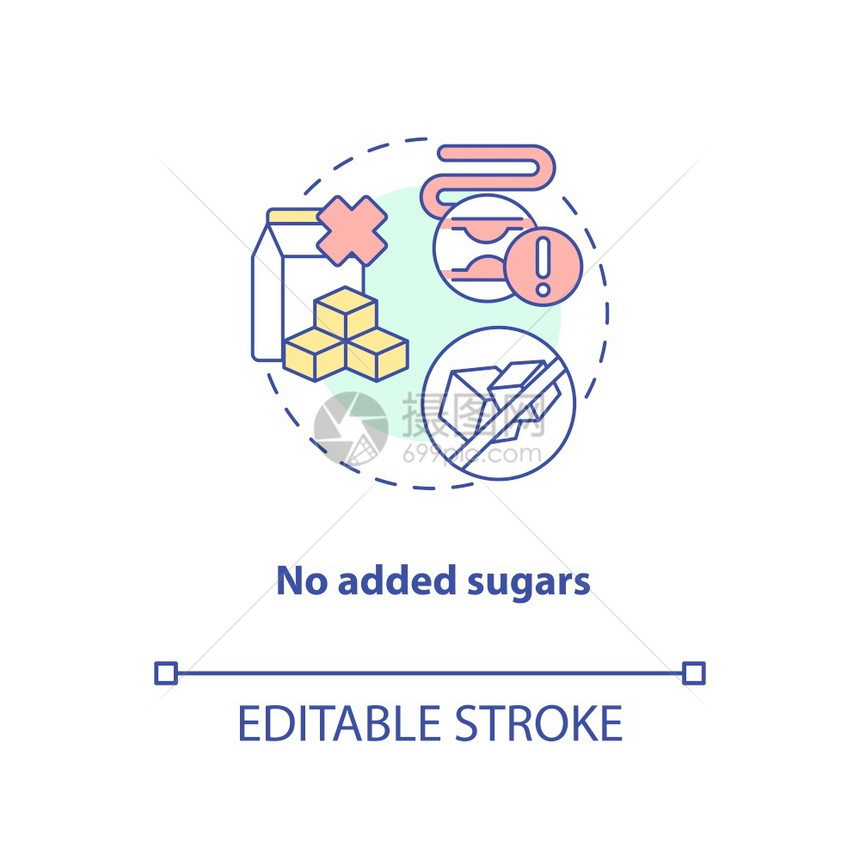 无添加的糖概念图标健康烹饪成分类型维冈餐可持续饮食理念薄线插图矢量孤立大纲RGB彩色绘图可编辑的中风没有添加的糖概念图标图片