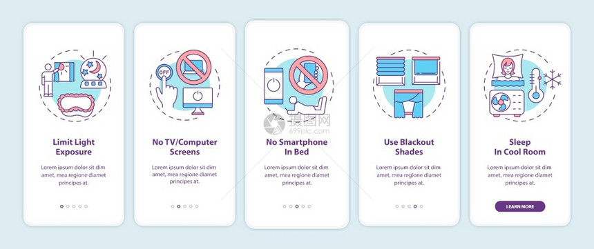 使用带概念的移动应用程序页面屏幕上的良好睡眠建议更好地做梦走5步图形指示配有RGB颜色插图的UI矢量模板装有概念的移动应用程序页图片