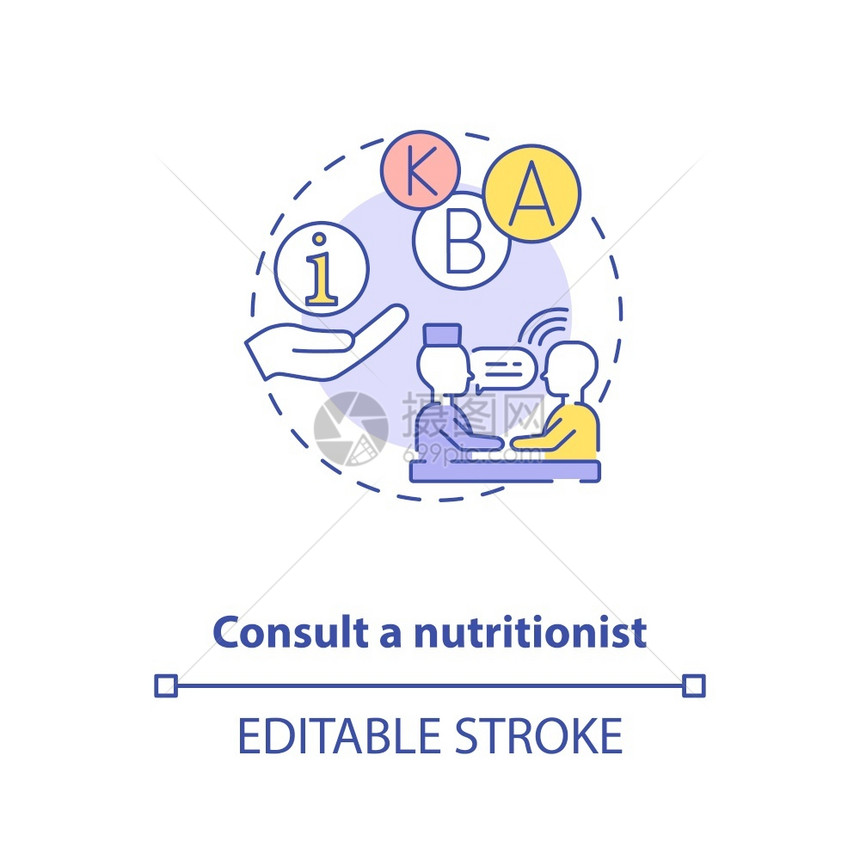 与营养学概念图标的协商足够维生素摄入量概念细线插图饮食计划开发矢量孤立大纲RGB彩色绘图可编辑的中风图片