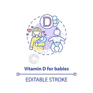 营养物婴儿概念图标的维生素D需要补充点子细线插图婴儿日常需要Rickets风险配方喂养新生儿矢量孤立的大纲RGB颜色绘图可编辑中风婴儿插画