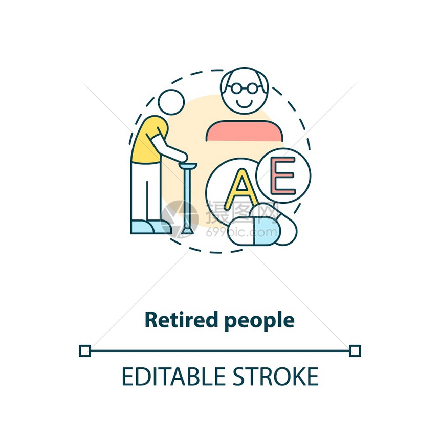 退休人员概念图标辅助人员需要了解细线插图每日维生素和矿物质摄入量老年生命矢量孤立大纲RGB彩色绘图可编辑中风退休人员概念图标图片