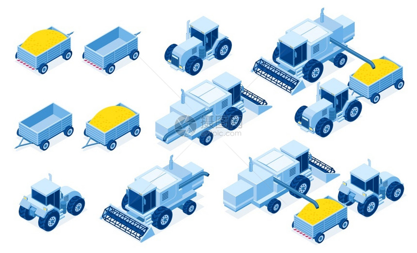 用于谷物和干草收割农用工业车辆和三维矢量示意图集图片