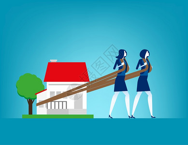 拿着木棍女人住房贷款概念融资和经济矢量说明搬迁努力梦幻屋插画