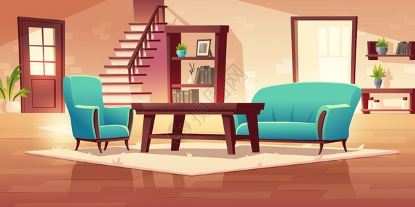 房间楼梯室内走廊有木制楼梯和家具咖啡桌架子书沙发和椅子配有陶瓷植物农村式公寓或家庭装饰用农村式的卡通矢量插图插画