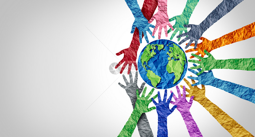 全球文化和世界多样或地球日以及国际文化是多样和人群合作的概念象征着将地球团结在一起的双手