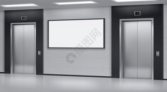 电梯轿厢广告办公室或现代酒店走廊内厅空大电梯和白显示3d矢量图插画