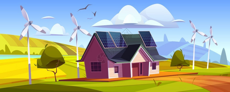 房顶星轨背景绿色能源发电太阳能电池板的房顶矢量插画插画
