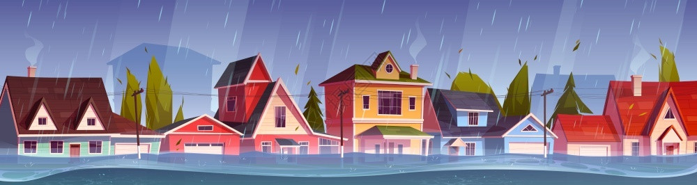 滨水小镇被洪水冲毁的小镇街道插画