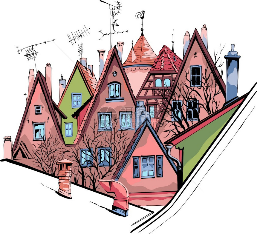 德国巴伐利亚罗德堡陶伯RodenburgobderTauber中世纪古城典外形和屋顶的矢量颜色草图图片
