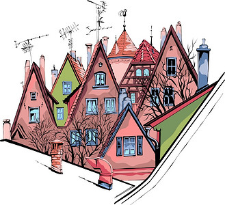 中世纪时期古城德国巴伐利亚罗德堡陶伯RodenburgobderTauber中世纪古城典外形和屋顶的矢量颜色草图插画