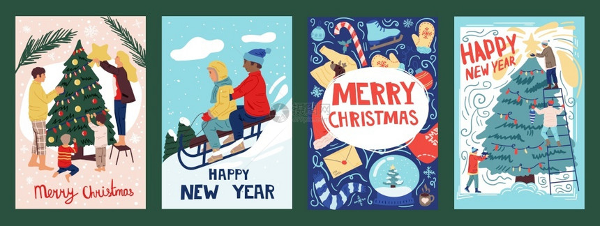 12月的贺卡古老漫画横幅斯利奇和挂有文字的海报上装饰圣诞节树冬季传统礼品病媒快乐节日套餐与人们一起制作的圣诞明信片装饰圣诞节树和图片