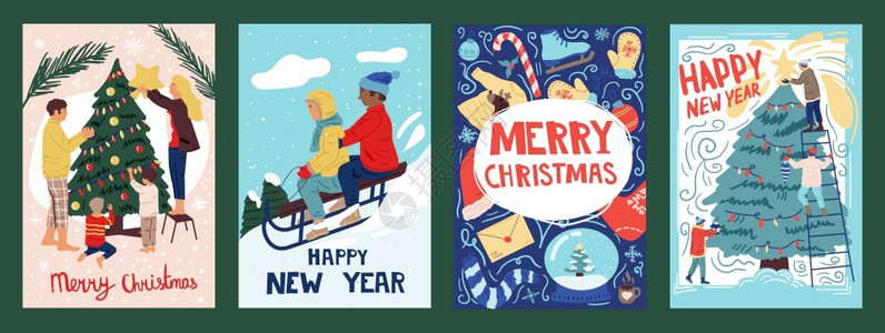 琥珀色利奇12月的贺卡古老漫画横幅斯利奇和挂有文字的海报上装饰圣诞节树冬季传统礼品病媒快乐节日套餐与人们一起制作的圣诞明信片装饰圣诞节树和插画