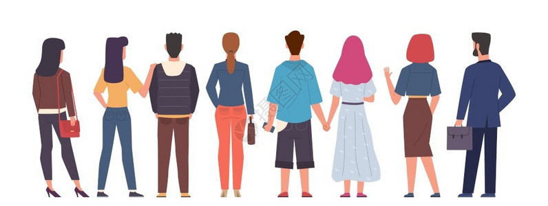 人群的男女站在不同背面夫妇拥抱和握手男女从背面与袋的平式矢量隔离概念人群的背面男女站在不同背面男女从的矢量概念背景图片