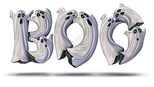 万圣节可爱鬼魂Boo的文字是可爱万圣节飞行幽灵和可怕3D插图风格白色背景背景