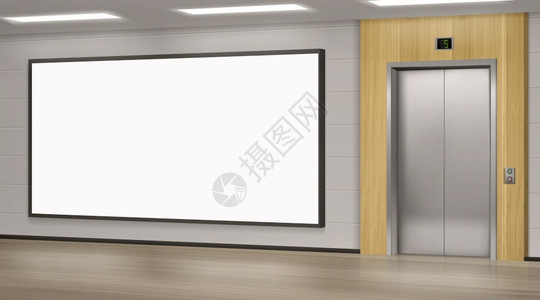 电梯内广告办公室或现代酒店走廊内厅空大电梯和白显示3d矢量图解d插画