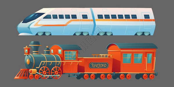 蒸汽火车旧的和现代火车古董蒸汽铁路运输以及当代地铁火车头城市路通勤运输侧面视线在灰色背景中被孤立插画