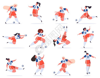 足球女运动员队运动员踢足球女运动员踢足球女运动员玩足球矢量插图的女孩参加比赛的人体育锦标赛女足球运动员玩足球矢量插图的女孩插画