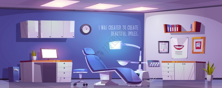 牙科办公室门诊实践室内部口腔科矫形有现代椅子的矫形室配有综合发动机和外科轻器卡通矢量插图背景图片