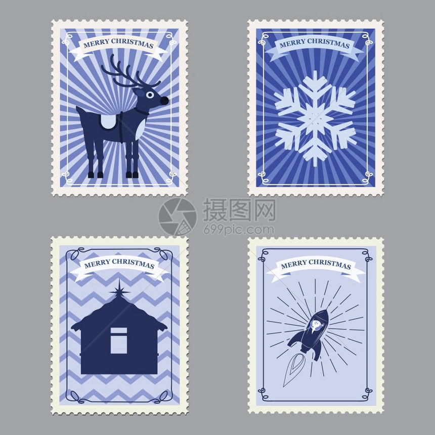 设置圣诞快乐的回溯邮票设置圣诞快乐的回溯邮票安装火箭鹿和雪花矢量插图被孤立图片