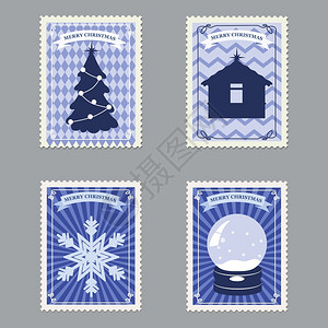 圣诞树标签设置圣诞快乐回溯邮票设置圣诞快乐回溯邮票并配有圣诞树礼品鹿和雪花插画