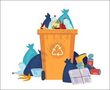 垃圾箱装有塑料袋和垃圾的回收容器过溢矢量回收可能堆积塑料废物街头垃圾倾倒污染箱堆篮子插图全垃圾箱病媒回收可能堆积塑料废物背景图片