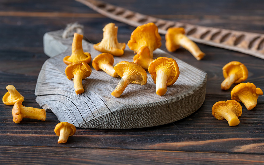木板上新鲜的香奈儿蘑菇图片