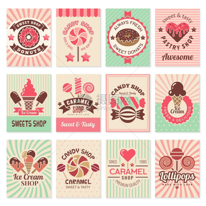 糖果店卡甜食象征物用于收集餐厅菜单矢量传糖果条幅甜品插图食象征物用于收集餐厅菜单矢量传图片