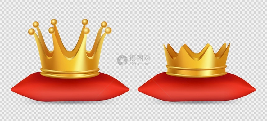 现实的金冠红色枕头上的矢量王冠和后隔绝在透明背景上金冠3d王皇加冕现实的金冠红色枕头上的矢量王和冠透明背景上隔离在透明背景上图片