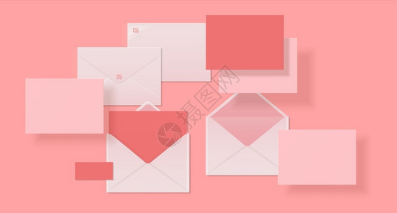 粉红色信封现实型信封纸或板3D模型设计带有影子和角效应的公司品牌模板开信和闭带有复制空间的粉色明信片矢量孤立装置开信和近带有复制空间的粉色插画