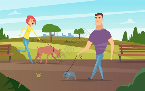 狗兜风步行的宠物在公园外游走或骑着狗活动病媒背景的物快乐所有者与狗一起行走的人宠物友谊图示步行的在公园外游走的动物快乐所有者在公园外游插画
