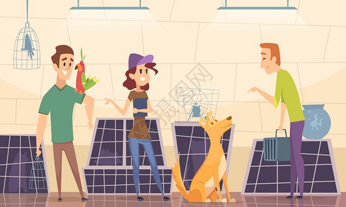 宠物店内和宠物互动的年轻男女卡通矢量插画图片