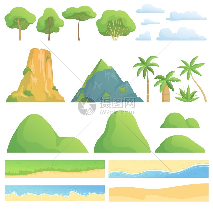 手绘自然景观沙漠海滩数目山脉图片