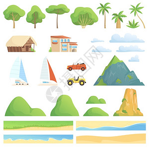 绿化山手绘自然景观沙漠海滩数目山脉茅屋帆船插画