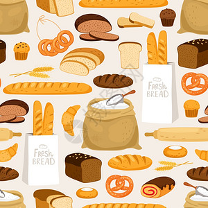 芝士饼面包无缝模式木制面包产品和糕点耳朵面粉包蜜蜂矢量背景面包无缝模式木制面包产品和糕点耳朵面粉包矢量背景插画