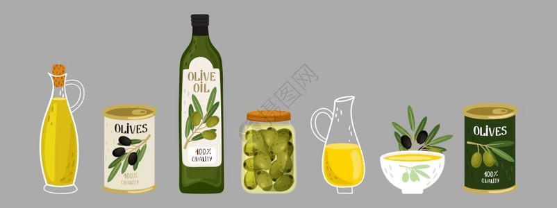 橄榄绿色橄榄油树枝瓶子插图橄榄油罐产能瓶和子橄榄产品病媒收集橄榄油瓶子插图插画