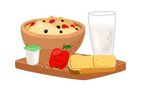 里格美味的早餐果子粥酸奶酪三明治和牛矢量插图插画