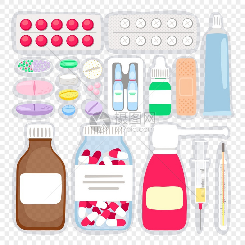 卡通药品和丸医疗用品病媒说明药片和氨糖浆瓶咳嗽剂用于和冷药病媒说明图片
