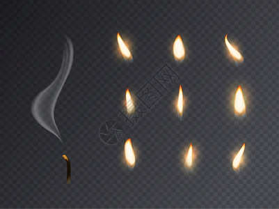 蜡烛火焰现实的光点燃用烟熄灭的蜡烛灯点燃为动画图片收集的3d蜡烛灯光和Varios火焰在透明背景上隔离的封闭矢量蜡烛火焰现实的光背景图片