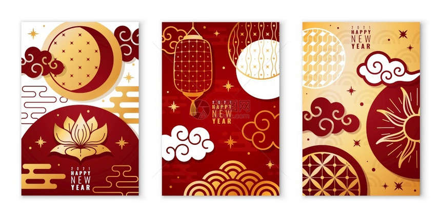 中文海报亚洲新年卡片带有装饰传统元素东方风格模式节日灯月亮和云彩优美金色和红矢量垂直横幅海报亚洲新年卡片带有装饰传统元素日月和云图片