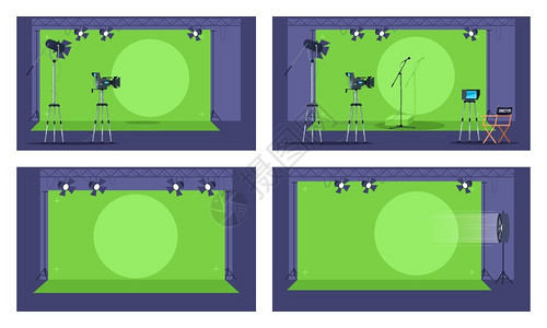 绿屏素材绿屏半平板矢量插图集未来电影创作区收藏动画胶片制作专业设备特别效果2D卡通刻图集供商业使用绿屏半平板矢量图集插画