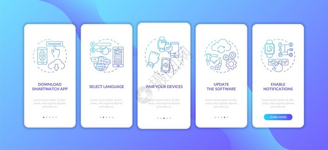 Smartwatch安装提示上载带有概念的移动应用程序页面屏幕上语言选择更新软件行走5步图形指示配有RGB颜色插图的UI矢量模板背景图片