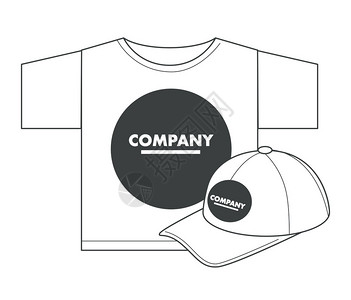 T恤衫和T帽印刷工作室或打字上的公司身份模板孤立物体矢量服装定制设计头饰和服装品牌穿戴衬衫和帽子制服印有公司身份的T恤衫和帽子印背景图片