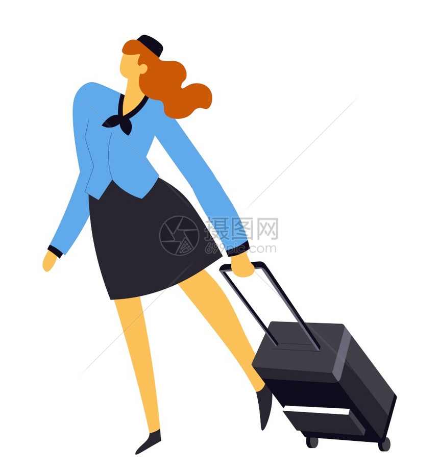 身着制服和帽子的女童行李或空运工人妇女和车轮集装箱空姐或身着制服的空姐或带手提箱的空姐身着制服的空姐图片