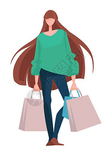 商场购物的女士购买衣服和食品妇女用袋购物孤立的女格媒介携带包折扣或销售的女童超大型毛衣和牛仔裤纸袋超市或商场购物妇女带袋的时装买衣服和卖食品的插画