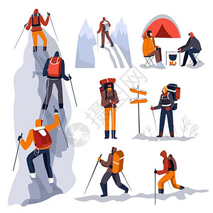 徒步露营山上登者与背在冬季行走孤立的人物矢量爬山和登运动与棍棒一起旅行雪和露营的火指针冬季旅行或徒步山上登者和雪瀑布露营插画